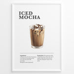 Load image into Gallery viewer, Iced mocha recipe poster with a glass of iced chocolate coffee and milk.
