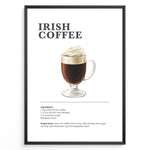 Load image into Gallery viewer, Irish coffee recipe poster with a glass of hot coffee topped with whipped cream.
