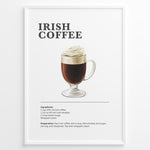 Load image into Gallery viewer, Irish coffee recipe poster with a glass of hot coffee topped with whipped cream.
