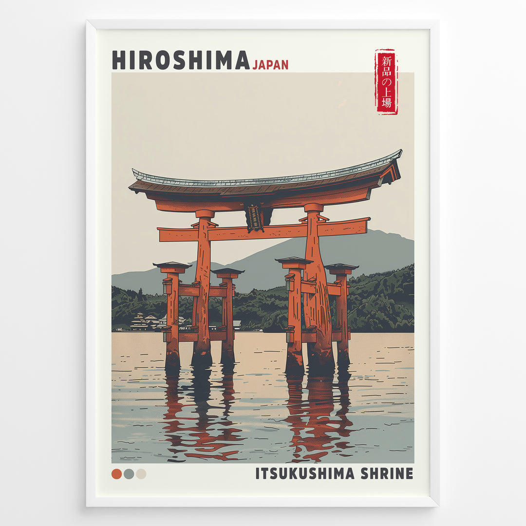 Japanske plakater | Illustrated travel poster of Itsukushima Shrine’s floating torii gate in Hiroshima, Japan, with calm water, mountain background, and vintage-style colors.