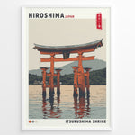 Load image into Gallery viewer, Japanske plakater | Illustrated travel poster of Itsukushima Shrine’s floating torii gate in Hiroshima, Japan, with calm water, mountain background, and vintage-style colors.
