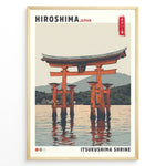 Load image into Gallery viewer, Japanske plakater | Illustrated travel poster of Itsukushima Shrine’s floating torii gate in Hiroshima, Japan, with calm water, mountain background, and vintage-style colors.
