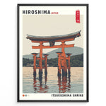 Load image into Gallery viewer, Japanske plakater | Illustrated travel poster of Itsukushima Shrine’s floating torii gate in Hiroshima, Japan, with calm water, mountain background, and vintage-style colors.
