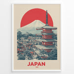 Load image into Gallery viewer, Japanske plakater | Retro-style Japan travel poster with a red pagoda, town view, Mount Fuji, and a large red sun, framed in black.
