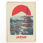 Load image into Gallery viewer, Japanske plakater | Retro-style Japan travel poster with a red pagoda, town view, Mount Fuji, and a large red sun, framed in black.
