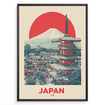 Load image into Gallery viewer, Japanske plakater | Retro-style Japan travel poster with a red pagoda, town view, Mount Fuji, and a large red sun, framed in black.
