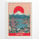 Load image into Gallery viewer, Japanske plakater | Framed vintage Japan travel poster with Mount Fuji, large red sun, traditional pagoda, and scenic waterfront village.
