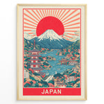 Load image into Gallery viewer, Japanske plakater | Framed vintage Japan travel poster with Mount Fuji, large red sun, traditional pagoda, and scenic waterfront village.

