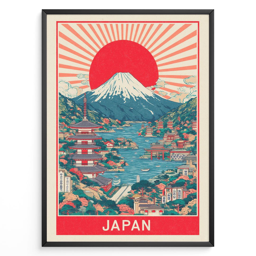 Japanske plakater | Framed vintage Japan travel poster with Mount Fuji, large red sun, traditional pagoda, and scenic waterfront village.