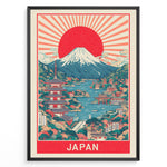 Load image into Gallery viewer, Japanske plakater | Framed vintage Japan travel poster with Mount Fuji, large red sun, traditional pagoda, and scenic waterfront village.
