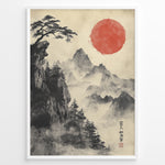 Load image into Gallery viewer, Japanske plakater | Traditional Japanese brush painting of misty mountains with pine trees on a cliff and a bold red sun, framed in black.
