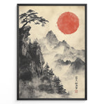 Load image into Gallery viewer, Japanske plakater | Traditional Japanese brush painting of misty mountains with pine trees on a cliff and a bold red sun, framed in black.
