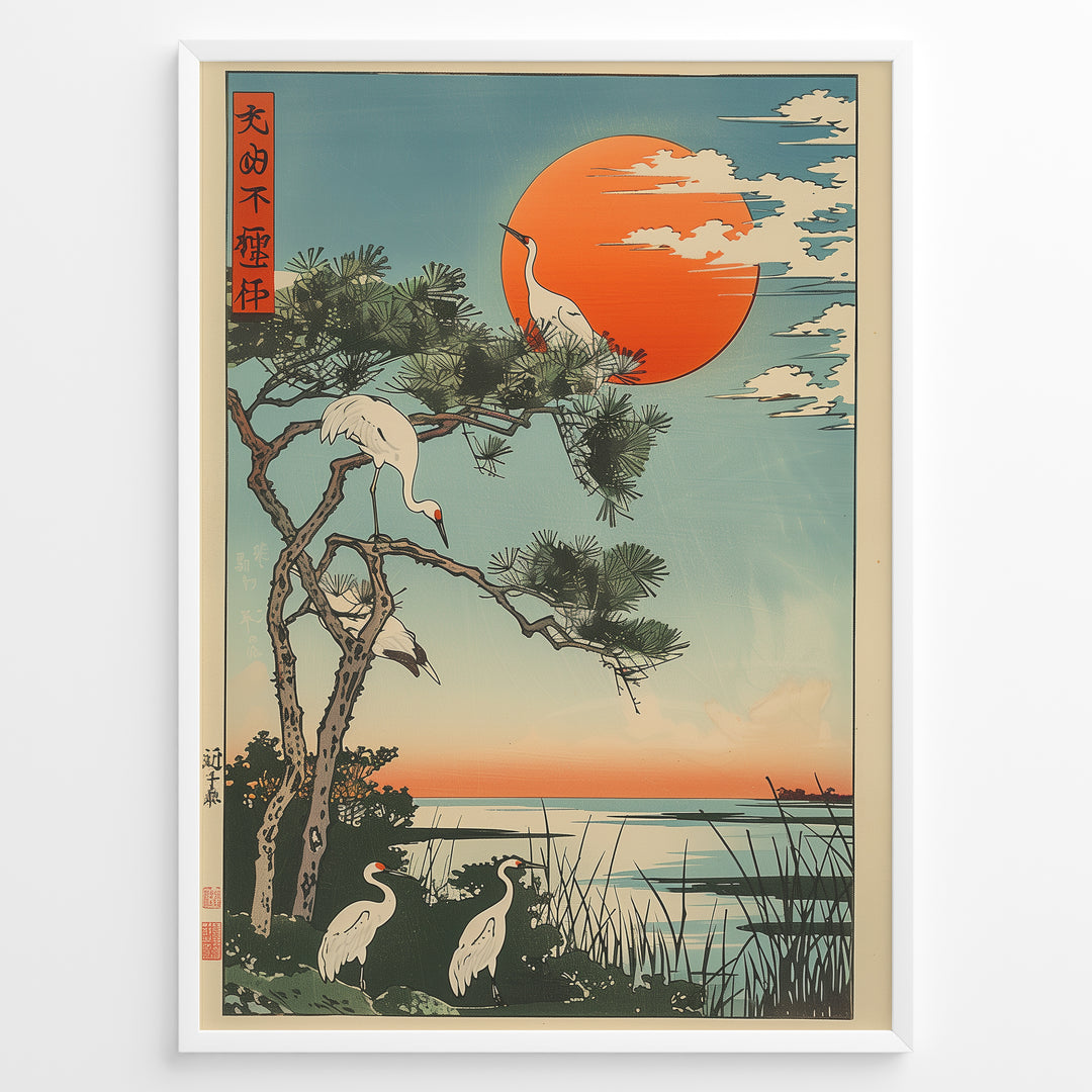 Japanske plakater |  Japanese ukiyo-e style art print of white cranes with a pine tree and a vivid red sun over a tranquil lakeside, framed in black.