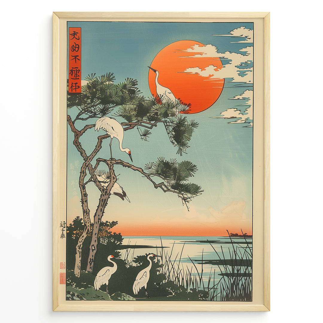 Japanske plakater |  Japanese ukiyo-e style art print of white cranes with a pine tree and a vivid red sun over a tranquil lakeside, framed in black.