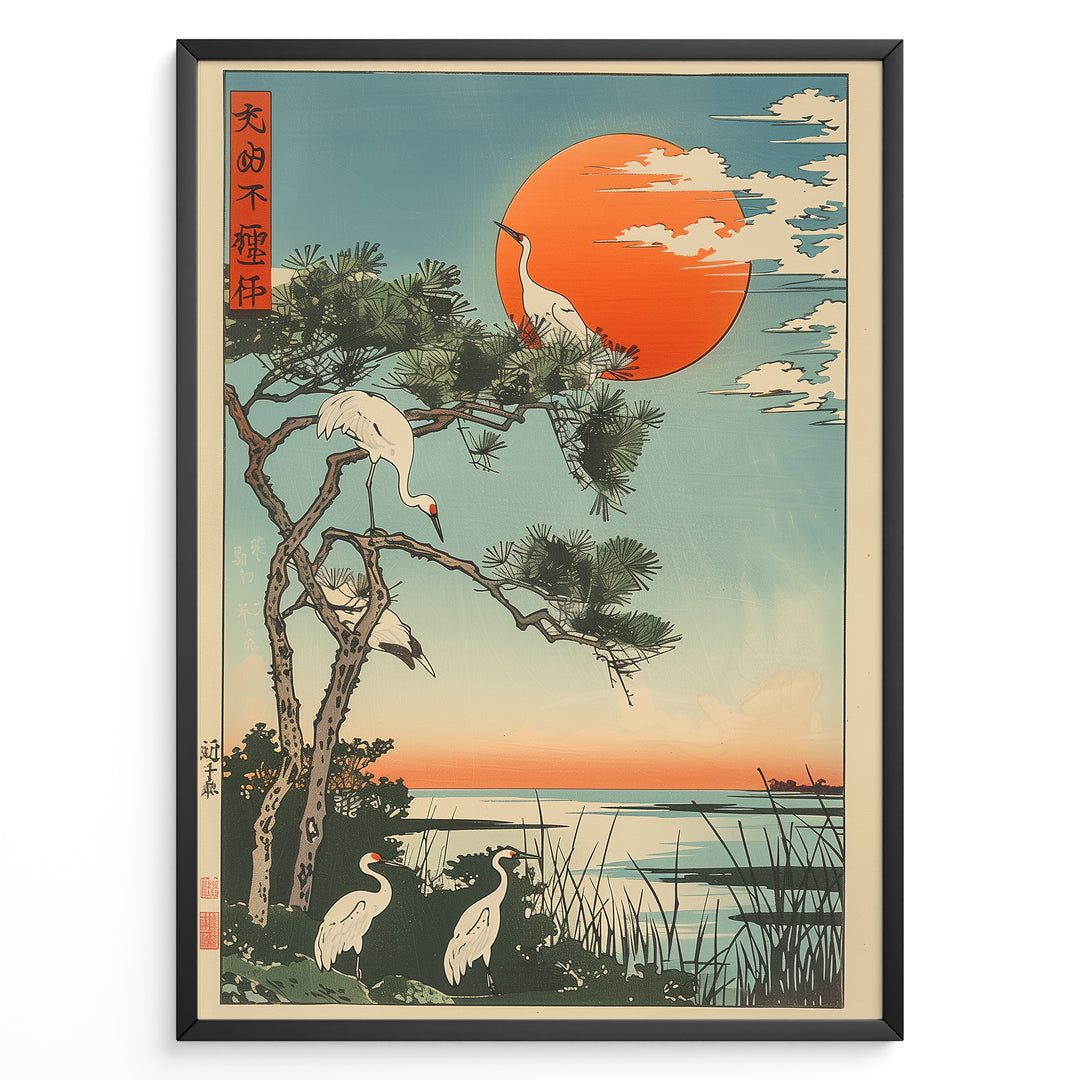 Japanske plakater |  Japanese ukiyo-e style art print of white cranes with a pine tree and a vivid red sun over a tranquil lakeside, framed in black.