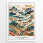 Load image into Gallery viewer, Japanske plakater | Framed Japanese Grasslands with Waves art print featuring mountains, flowing waves, and traditional Japanese landscape design.

