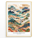 Load image into Gallery viewer, Japanske plakater | Framed Japanese Grasslands with Waves art print featuring mountains, flowing waves, and traditional Japanese landscape design.
