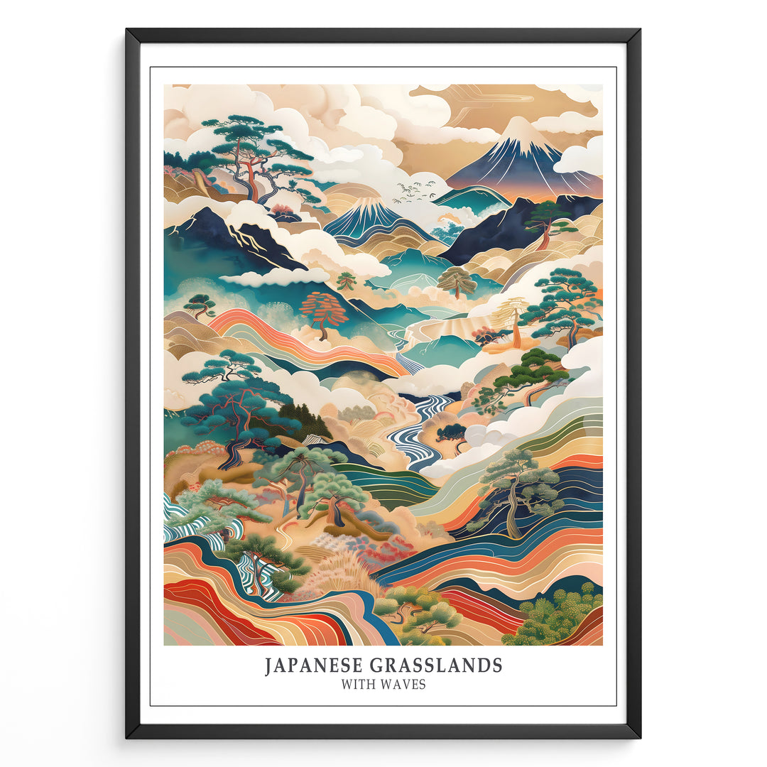 Japanske plakater | Framed Japanese Grasslands with Waves art print featuring mountains, flowing waves, and traditional Japanese landscape design.
