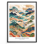 Load image into Gallery viewer, Japanske plakater | Framed Japanese Grasslands with Waves art print featuring mountains, flowing waves, and traditional Japanese landscape design.
