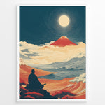 Load image into Gallery viewer, Japanske plakater | Japanese art print of a meditating person facing Mount Fuji under a full moon, surrounded by waves, clouds, and warm red-orange landscapes, framed in black.
