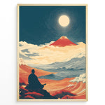 Load image into Gallery viewer, Japanske plakater | Japanese art print of a meditating person facing Mount Fuji under a full moon, surrounded by waves, clouds, and warm red-orange landscapes, framed in black.
