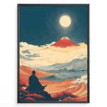 Load image into Gallery viewer, Japanske plakater | Japanese art print of a meditating person facing Mount Fuji under a full moon, surrounded by waves, clouds, and warm red-orange landscapes, framed in black.
