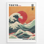 Load image into Gallery viewer, Japanske plakater | Framed Japanese Sea Wave poster featuring large crashing waves, vivid red sun, and Mount Fuji under a golden sunset sky.
