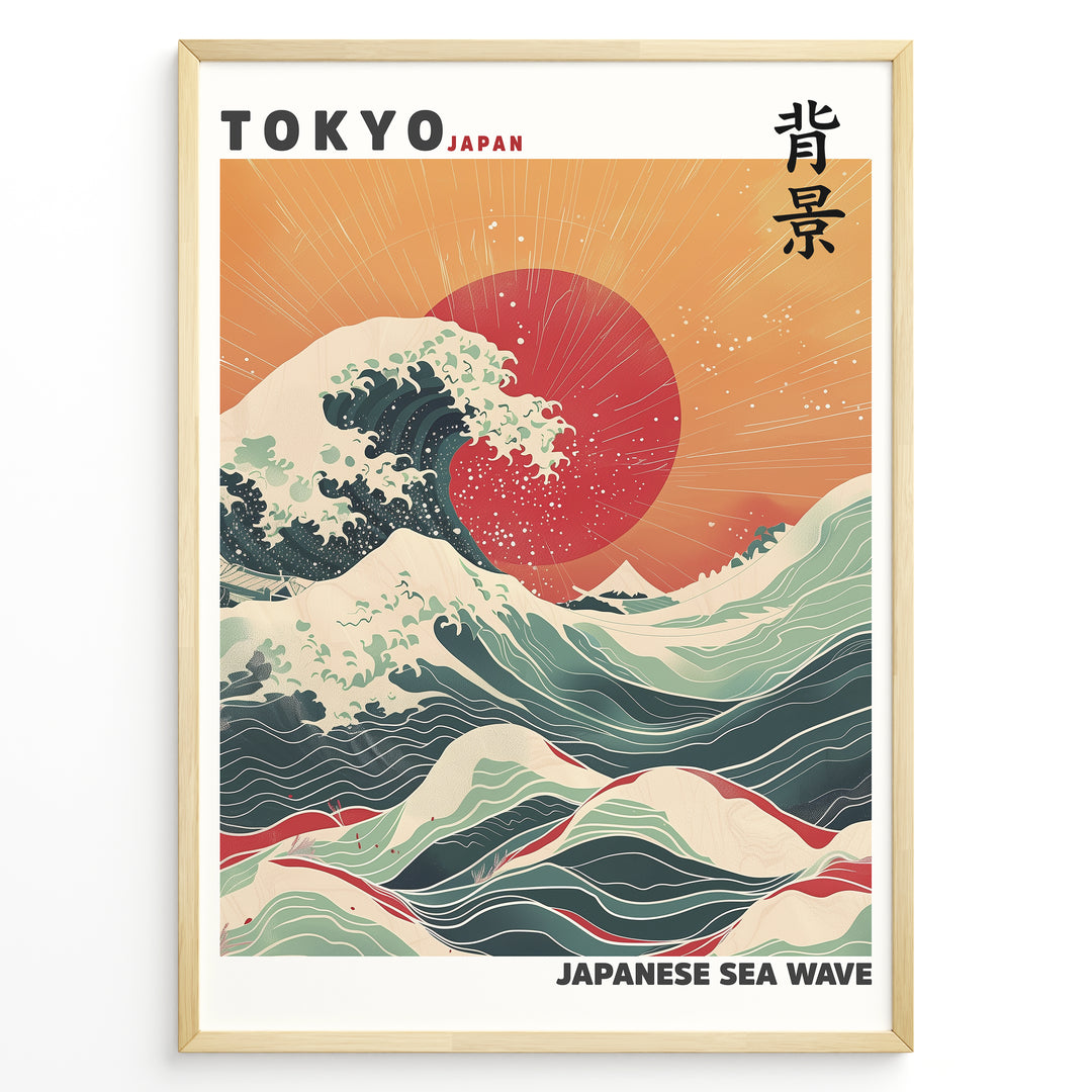Japanske plakater | Framed Japanese Sea Wave poster featuring large crashing waves, vivid red sun, and Mount Fuji under a golden sunset sky.