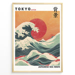 Load image into Gallery viewer, Japanske plakater | Framed Japanese Sea Wave poster featuring large crashing waves, vivid red sun, and Mount Fuji under a golden sunset sky.
