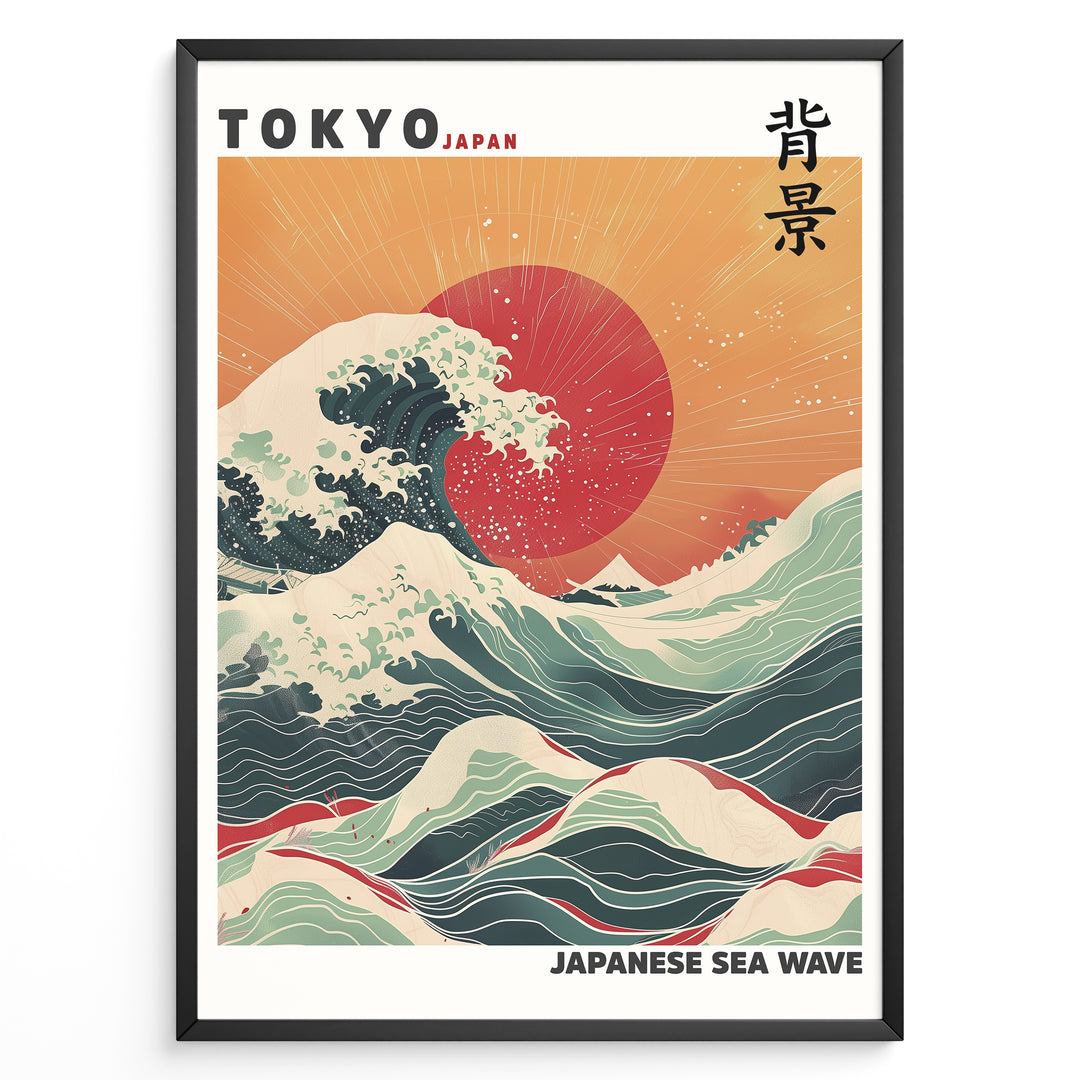 Japanske plakater | Framed Japanese Sea Wave poster featuring large crashing waves, vivid red sun, and Mount Fuji under a golden sunset sky.