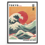 Load image into Gallery viewer, Japanske plakater | Framed Japanese Sea Wave poster featuring large crashing waves, vivid red sun, and Mount Fuji under a golden sunset sky.
