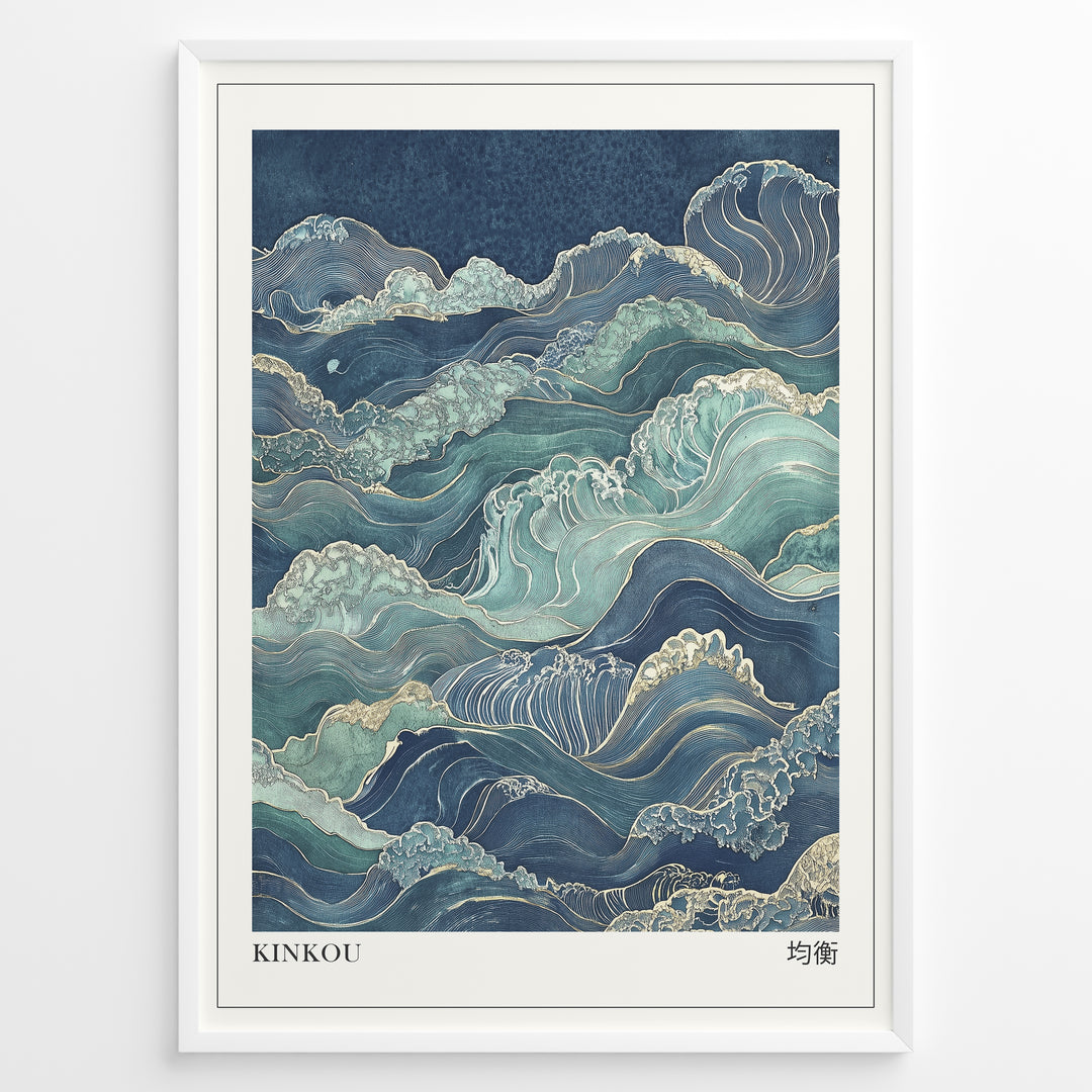 Japanske plakater | Japanese-style artwork of stylized ocean waves in blue, teal, and gold tones with the title “KINKOU” and Kanji characters meaning “balance.”