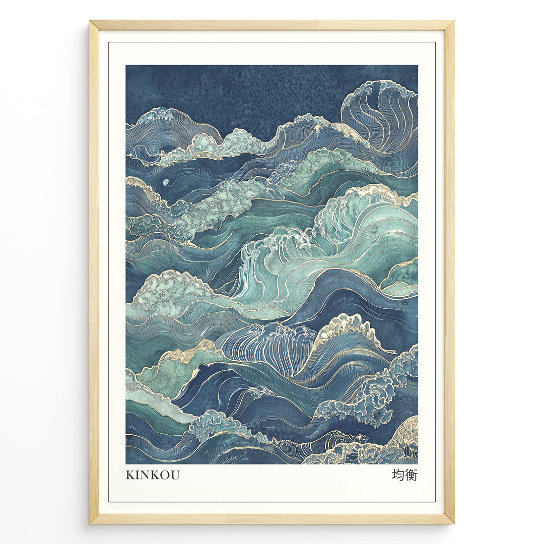 Japanske plakater | Japanese-style artwork of stylized ocean waves in blue, teal, and gold tones with the title “KINKOU” and Kanji characters meaning “balance.”