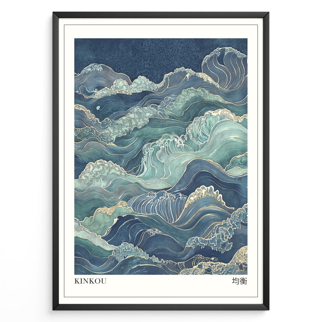 Japanske plakater | Japanese-style artwork of stylized ocean waves in blue, teal, and gold tones with the title “KINKOU” and Kanji characters meaning “balance.”