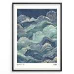 Load image into Gallery viewer, Japanske plakater | Japanese-style artwork of stylized ocean waves in blue, teal, and gold tones with the title “KINKOU” and Kanji characters meaning “balance.”
