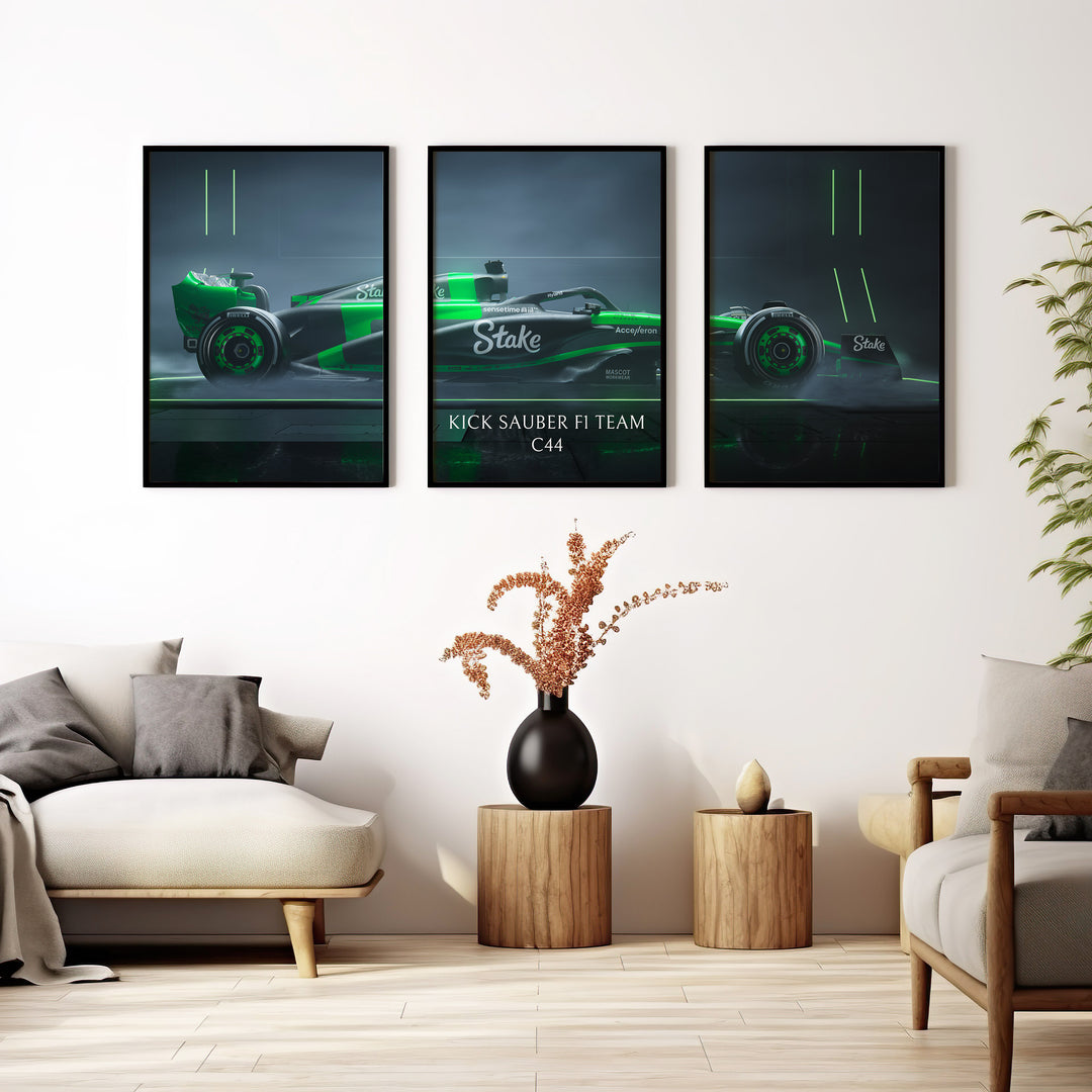 Triptych wall art plakat of the Kick Sauber F1 Team C44 Formula 1 car in a sleek black-and-green livery, displayed in a modern living room with black leather furniture.