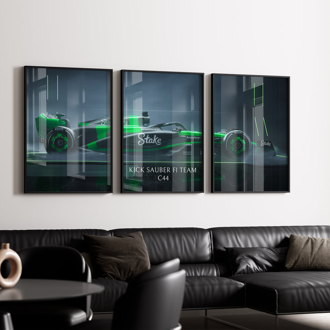Triptych wall art plakat of the Kick Sauber F1 Team C44 Formula 1 car in a sleek black-and-green livery, displayed in a modern living room with black leather furniture.