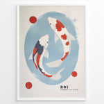 Load image into Gallery viewer, Plakater | Illustration of two koi fish swimming in a blue oval, with red and white scales, surrounded by three red circles and framed in black. 
