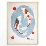 Load image into Gallery viewer, Plakater | Illustration of two koi fish swimming in a blue oval, with red and white scales, surrounded by three red circles and framed in black. 
