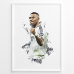 Load image into Gallery viewer, Kylian Mbappé artistic celebration in white football jersey framed plakat
