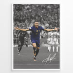 Load image into Gallery viewer, Kylian Mbappé celebrating goal in France blue jersey framed plakat

