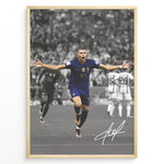 Load image into Gallery viewer, Kylian Mbappé celebrating goal in France blue jersey framed plakat
