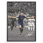 Load image into Gallery viewer, Kylian Mbappé celebrating goal in France blue jersey framed plakat
