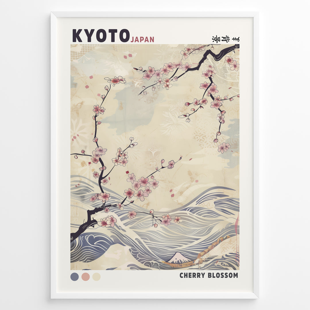 Japanske plakater | Japanese-style poster with cherry blossom branches over flowing waves, featuring soft pastel tones and the text “Kyoto Japan” and “Cherry Blossom.”