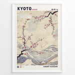 Load image into Gallery viewer, Japanske plakater | Japanese-style poster with cherry blossom branches over flowing waves, featuring soft pastel tones and the text “Kyoto Japan” and “Cherry Blossom.”
