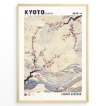Load image into Gallery viewer, Japanske plakater | Japanese-style poster with cherry blossom branches over flowing waves, featuring soft pastel tones and the text “Kyoto Japan” and “Cherry Blossom.”

