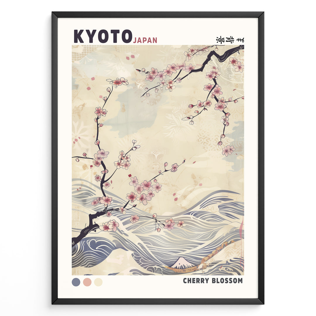 Japanske plakater | Japanese-style poster with cherry blossom branches over flowing waves, featuring soft pastel tones and the text “Kyoto Japan” and “Cherry Blossom.”