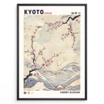 Load image into Gallery viewer, Japanske plakater | Japanese-style poster with cherry blossom branches over flowing waves, featuring soft pastel tones and the text “Kyoto Japan” and “Cherry Blossom.”
