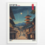 Load image into Gallery viewer, Japanske plakater | Nighttime illustration of Kyoto’s historic street with Yasaka Pagoda (Hōkanji Temple) under a full moon, framed by traditional wooden buildings.
