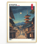 Load image into Gallery viewer, Japanske plakater | Nighttime illustration of Kyoto’s historic street with Yasaka Pagoda (Hōkanji Temple) under a full moon, framed by traditional wooden buildings.
